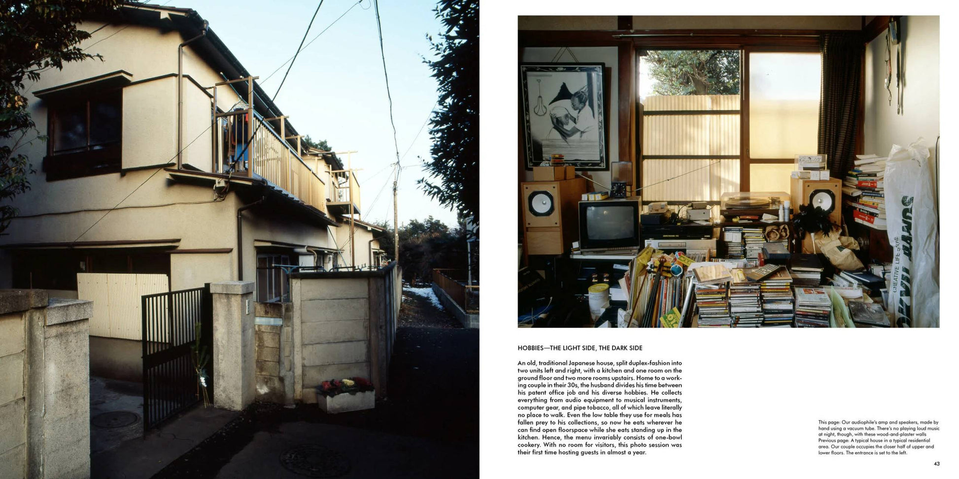 Split-image: Left shows a narrow alley with a two-story Japanese house and concrete walls, capturing the essence of Apartamento Tokyo Style by Kyoichi Tsuzuki; right displays a cozy room filled with shelves, books, CDs, electronics, and sunlight.