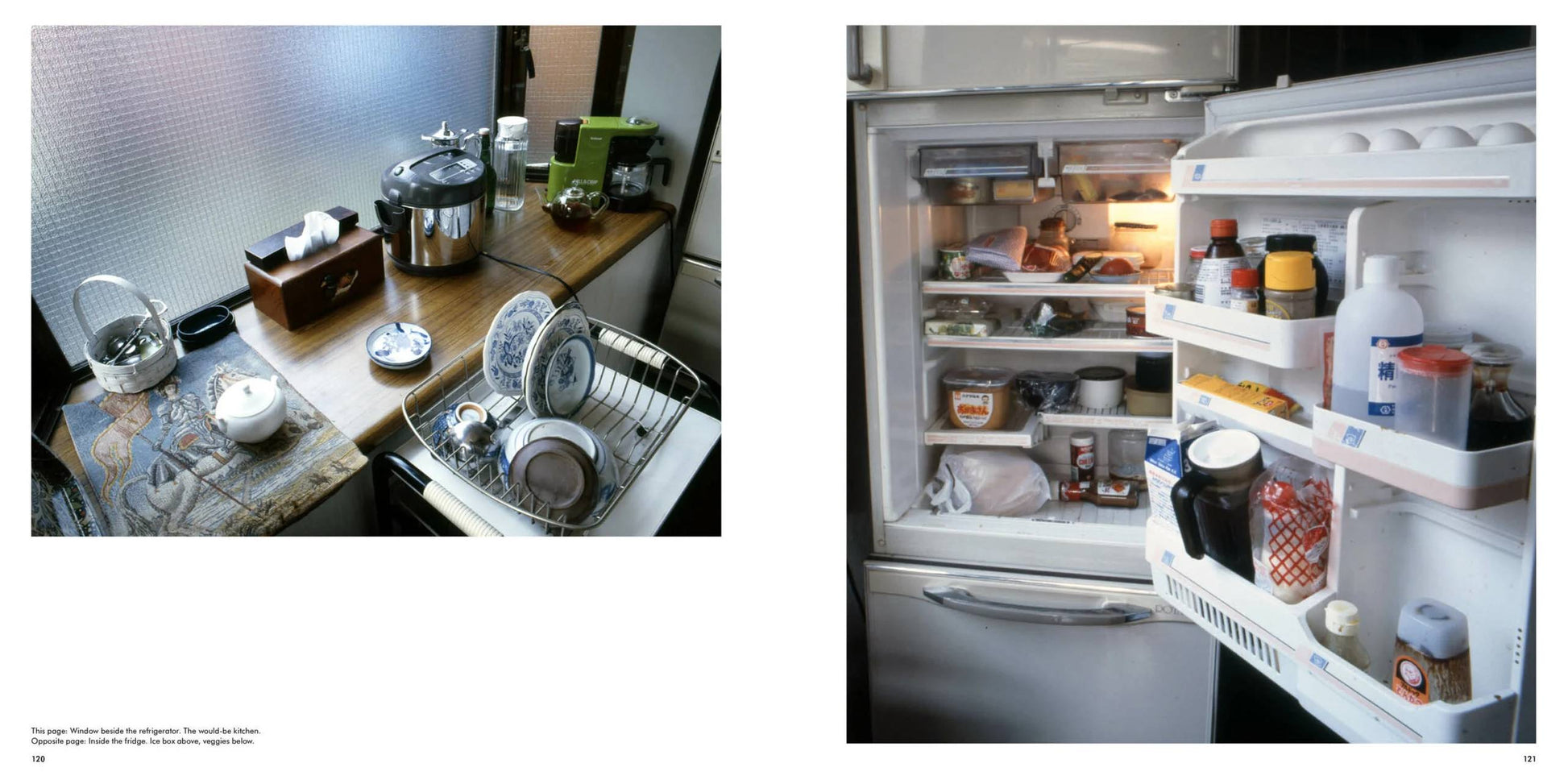 Two adjacent images, inspired by Apartamento Tokyo Style by Kyoichi Tsuzuki: on the left, a drying rack with clean dishes and appliances; on the right, an open fridge filled with food—each scene captured in meticulous detail.