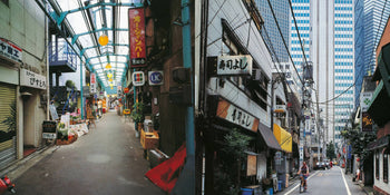 Inspired by Apartamento Tokyo Style by Kyoichi Tsuzuki (Apartamento), a split image contrasts a traditional Japanese market street left with a sleek modern cityscape right, as if shot with a large format camera.