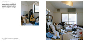 Two photos from Apartamento Tokyo Style by Kyoichi Tsuzuki for Apartamento show a guitar amidst clutter and a messy bed with scattered items, both captured in intimate large format with sunlight streaming through windows.