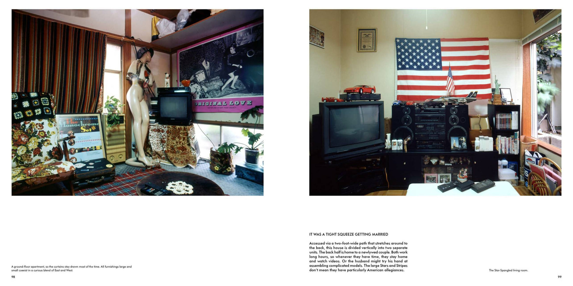 Side-by-side living rooms with large TVs, posters, and electronics; the left shows British flag decor and a mannequin, while the right captures Tokyo Style by Kyoichi Tsuzuki for Apartamento, with an American flag and stereo system.