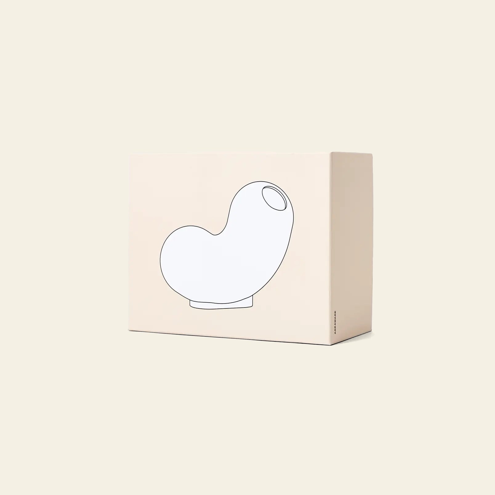 The Areaware Kirby Vase Curly comes in a beige rectangular box featuring a simple line drawing of its abstract, bean-shaped design—perfect for adding a modern touch to your decor. Set against a plain, light background.