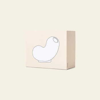 The Areaware Kirby Vase Curly comes in a beige rectangular box featuring a simple line drawing of its abstract, bean-shaped design—perfect for adding a modern touch to your decor. Set against a plain, light background.