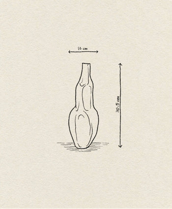 A hand-drawn sketch of the Argot Studio Éson Vessel, Medium by Argot Studio, showing its unique modern shape with measurements: 13 cm wide and 30.5 cm tall, set against a textured beige background.