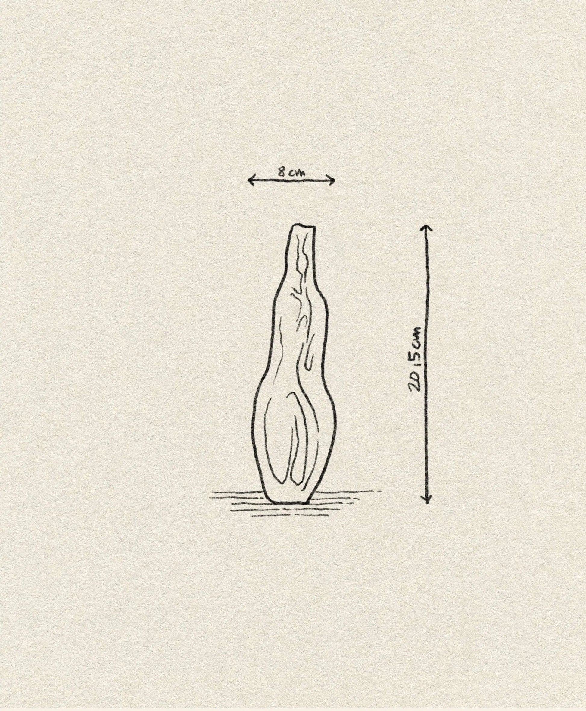 A minimalist line drawing depicts the Argot Studio Éson Vessel, Small—a tall, narrow vase (20.5 cm high, 8 cm wide) with an organic silhouette by Argot Studio. Size is marked with labeled arrows on plain, textured paper.