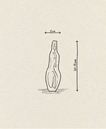 A minimalist line drawing depicts the Argot Studio Éson Vessel, Small—a tall, narrow vase (20.5 cm high, 8 cm wide) with an organic silhouette by Argot Studio. Size is marked with labeled arrows on plain, textured paper.