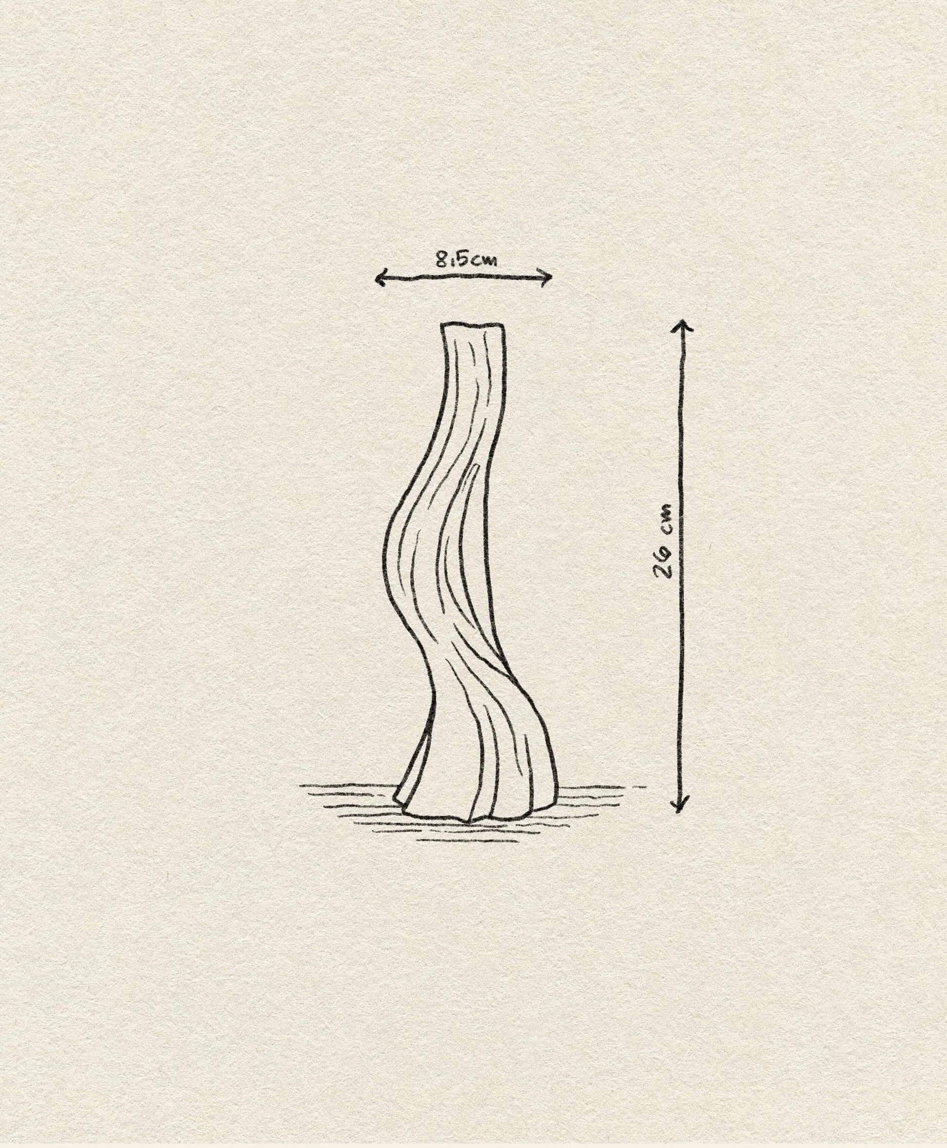 A line drawing of the Argot Studio Les Hortenses Vase, Small (8.5 cm W x 26 cm H) features textured lines and double-headed arrows for dimensions on an off-white background, evoking a contemporary reinterpretation.