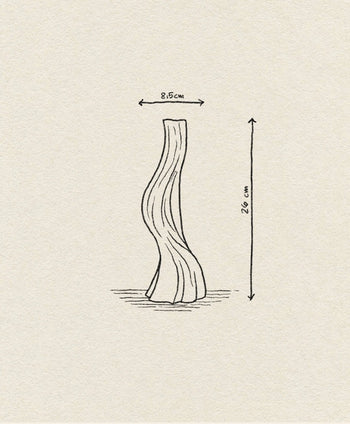 A line drawing of the Argot Studio Les Hortenses Vase, Small (8.5 cm W x 26 cm H) features textured lines and double-headed arrows for dimensions on an off-white background, evoking a contemporary reinterpretation.