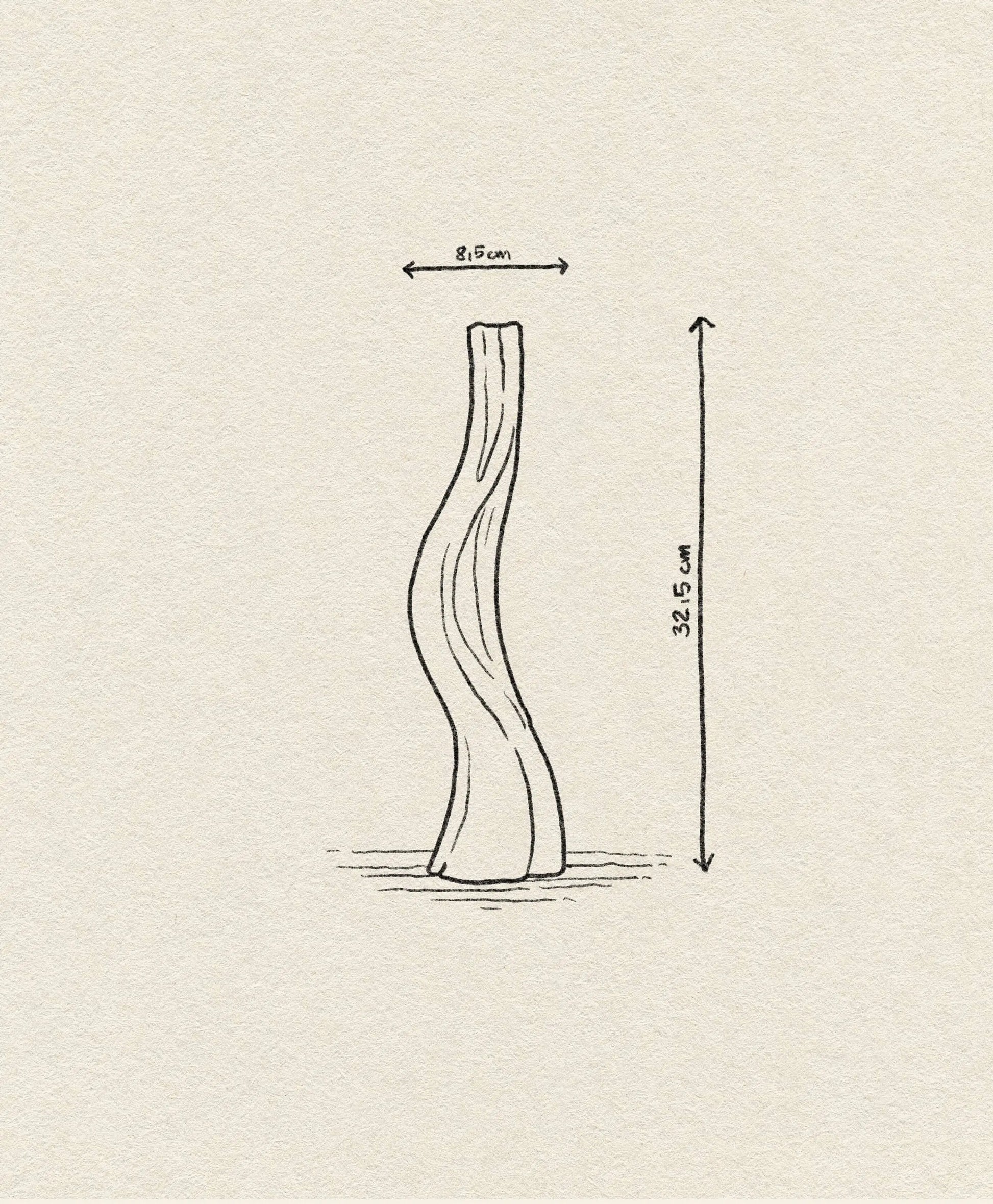 A line drawing of the Argot Studio Les Hortenses Vase, Tall by Argot Studio—a wavy, vertical contemporary vase labeled 8.5 cm wide at the top and 32.5 cm tall—stands upright on a plain background, inspired by elegant Les Hortenses forms.