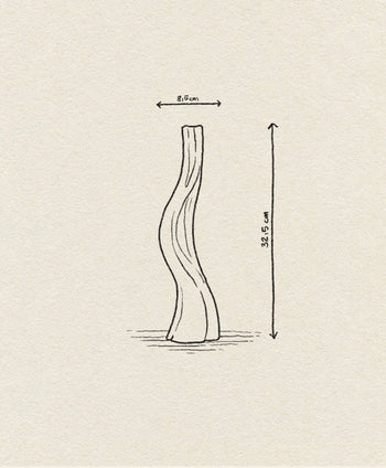 A line drawing of the Argot Studio Les Hortenses Vase, Tall by Argot Studio—a wavy, vertical contemporary vase labeled 8.5 cm wide at the top and 32.5 cm tall—stands upright on a plain background, inspired by elegant Les Hortenses forms.