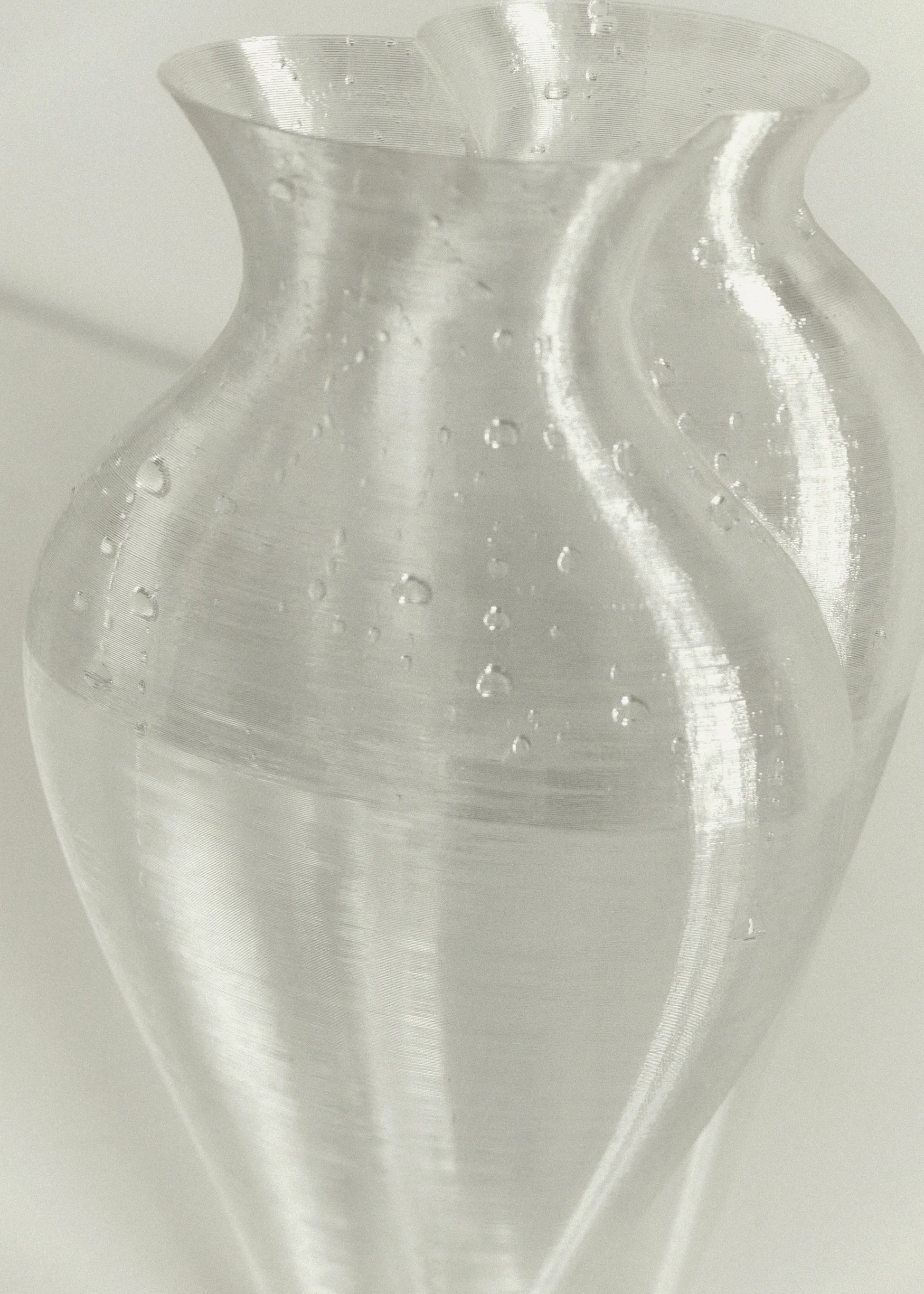 The Argot Studio Soeurs Vase by Argot Studio features a translucent, wavy design with visible air bubbles and a curving, organic shape, standing out against a plain light background.