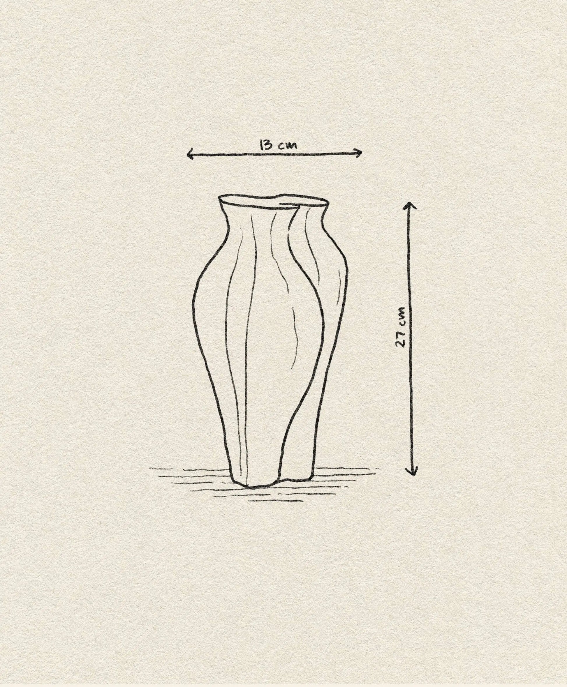 A hand-drawn sketch of the Argot Studio Soeurs Vase by Argot Studio, with a modern design and dimensions of 13 cm wide by 27 cm tall, shown on a textured paper background.