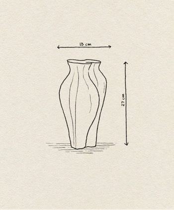 A hand-drawn sketch of the Argot Studio Soeurs Vase by Argot Studio, with a modern design and dimensions of 13 cm wide by 27 cm tall, shown on a textured paper background.
