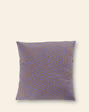 The BAGGU Throw Pillow Case by BAGGU features a trippy wavy blue and brown checker design on a square cover, perfect for adding a bold accent to your living space. Shown against a plain light beige background.