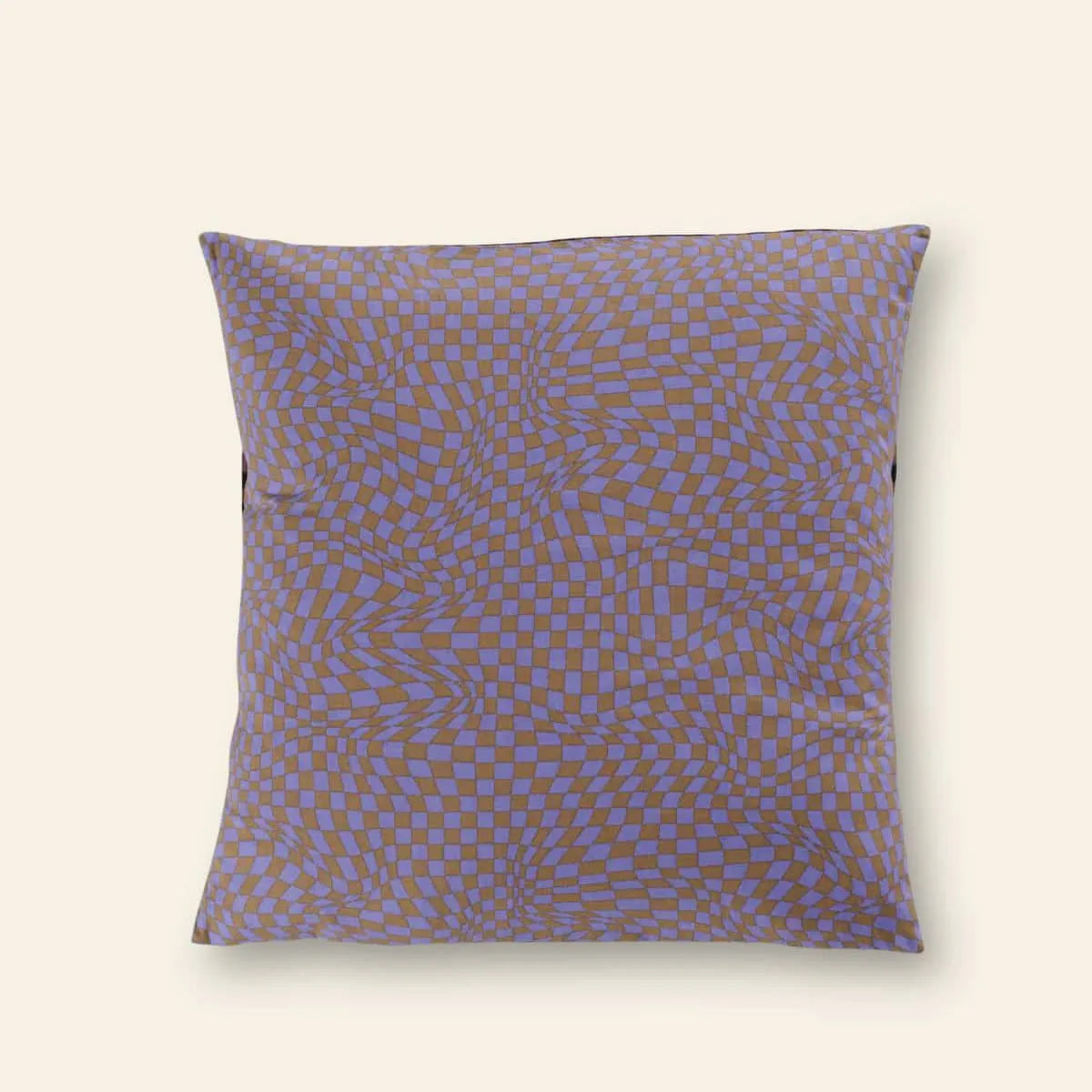 The BAGGU Throw Pillow Case by BAGGU features a trippy brown and blue checkered wave design on light beige, creating an optical illusion effect—perfect for adding modern, bold style to your space.