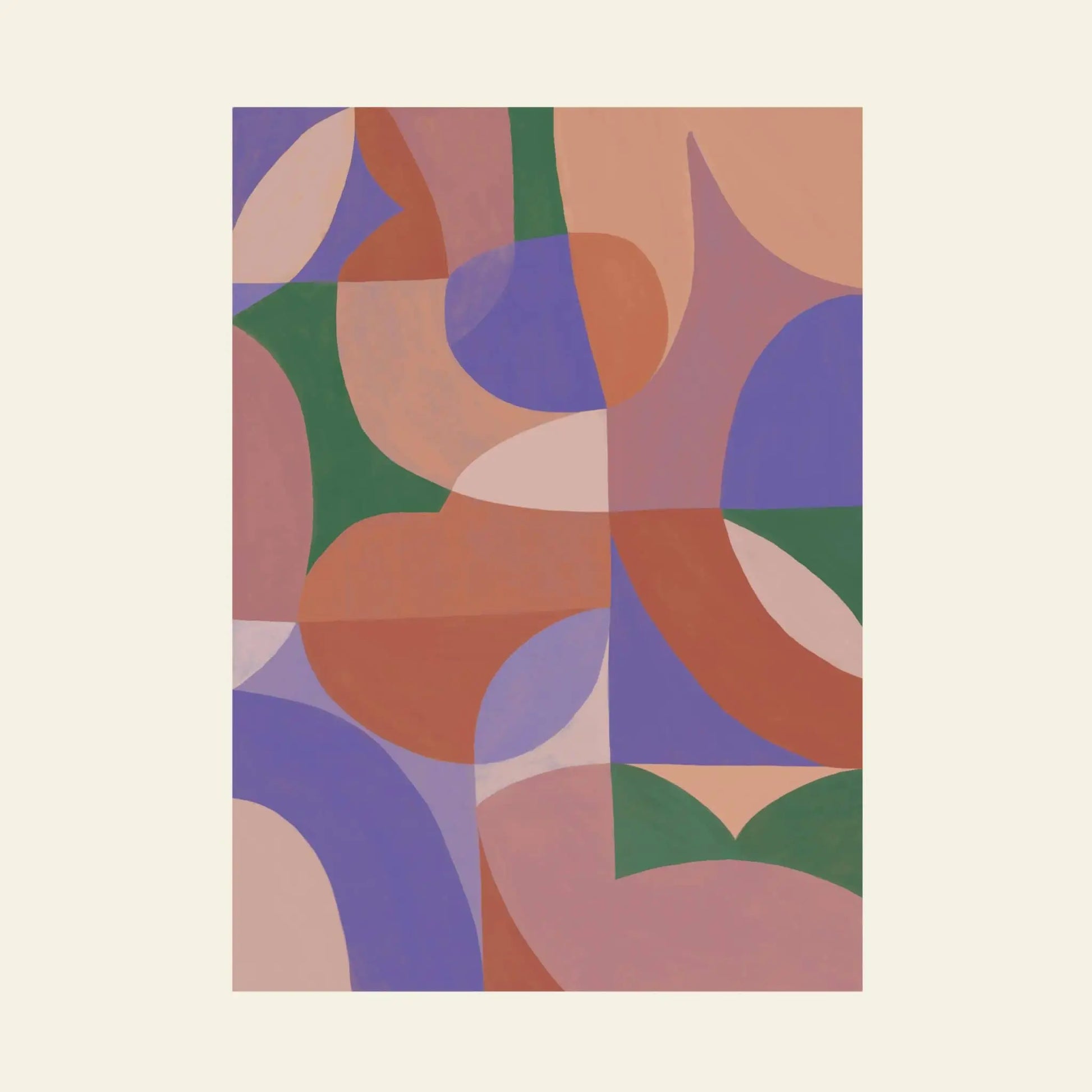 Bbblob Amplify, 2020, Fine Art Print (50x70) by Bbblob features abstract curved and geometric shapes in earthy brown, beige, green, and purple on a light beige background—an interconnected nature-inspired landscape with no recognizable objects or figures.