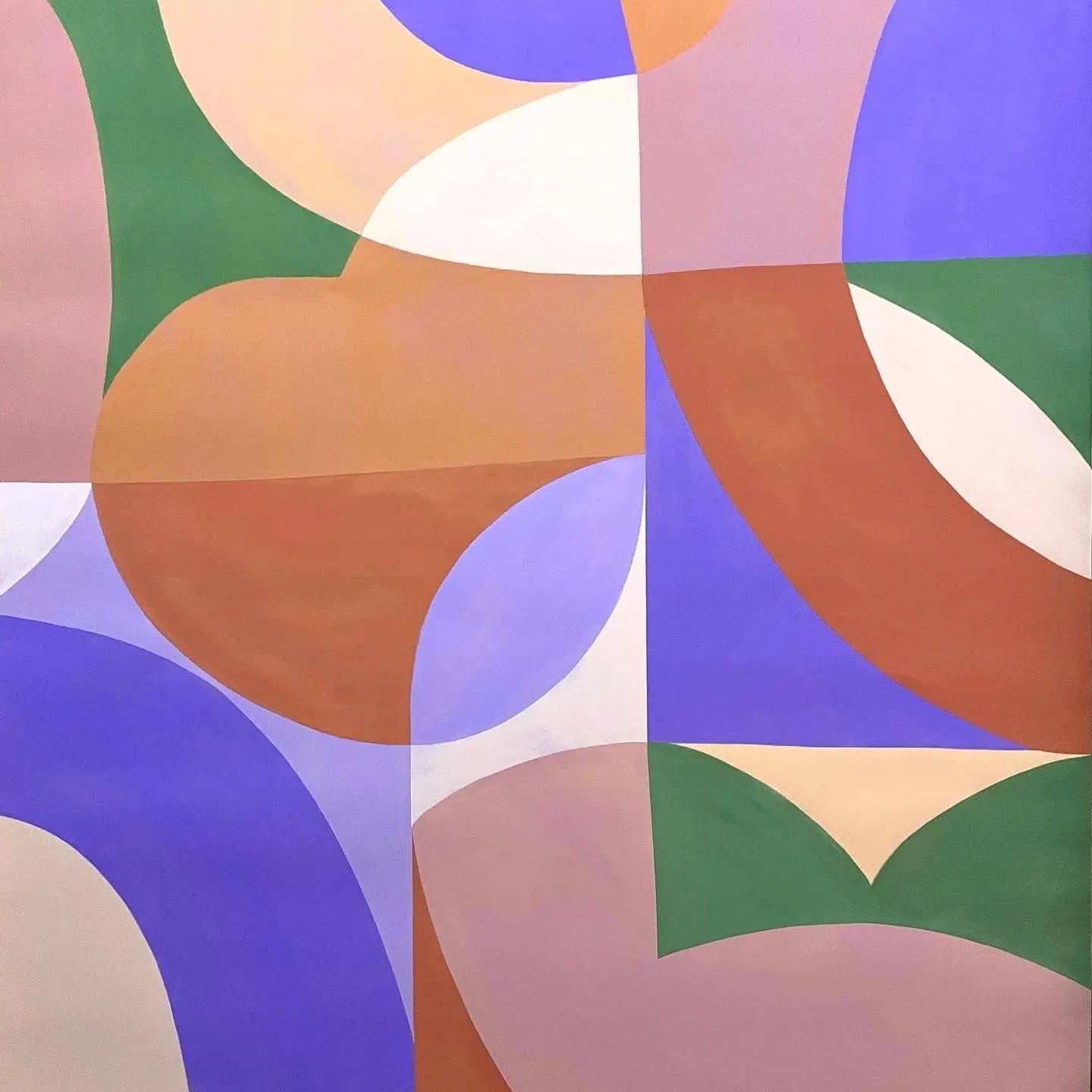 Bbblob Amplify, 2020 (50x70, Fine Art Print) by Bbblob showcases abstract geometric shapes in earthy browns, greens, creams, and muted purples. Soft curves and bold angles form a harmonious, mosaic-like landscape-inspired composition.