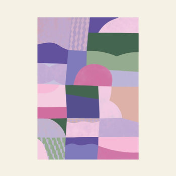 Bbblob In The Clouds, 2022 Fine Art Print (50x70) by Bbblob features pastel rectangles—pink, purple, green, beige—with wavy stripes and zigzags on a light cream background, evoking gentle memories and dreamy vibes.