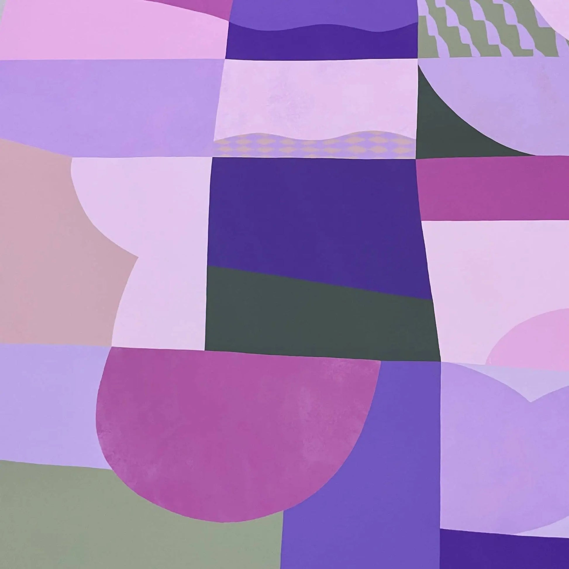 Bbblob In The Clouds, 2022, is a 50x70 fine art print from Bbblob. It features overlapping geometric shapes in purple, pink, green, and beige, with curves and wavy lines for a dreamy pastel composition.