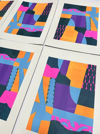 Bbblob Riding The Waves, 2022, Risograph (30x42) by Bbblob features bold geometric shapes in orange, blue, purple, and pink with overlapping rectangles and curves arranged on a flat surface. Subtle misregistration effects enhance the abstract composition.