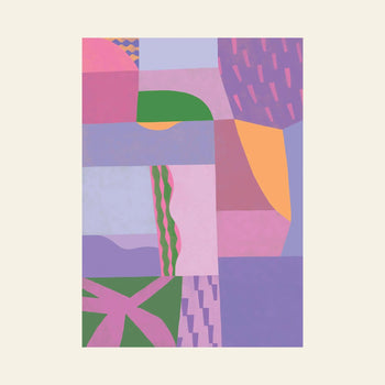 Bbblob Satin Sunlight, 2022 is a fine art print (50x70) by Bbblob featuring abstract geometric shapes and organic patterns in pastel colors, divided into textured sections illuminated by soft sun rays.