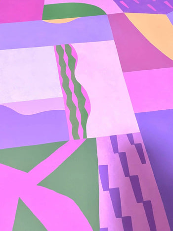 Bbblob Satin Sunlight, 2022, Fine Art Print (50x70) features abstract blocks of pastel pink, purple, green, and yellow with wavy and zigzag patterns, creating a vibrant geometric look in soft satin hues.