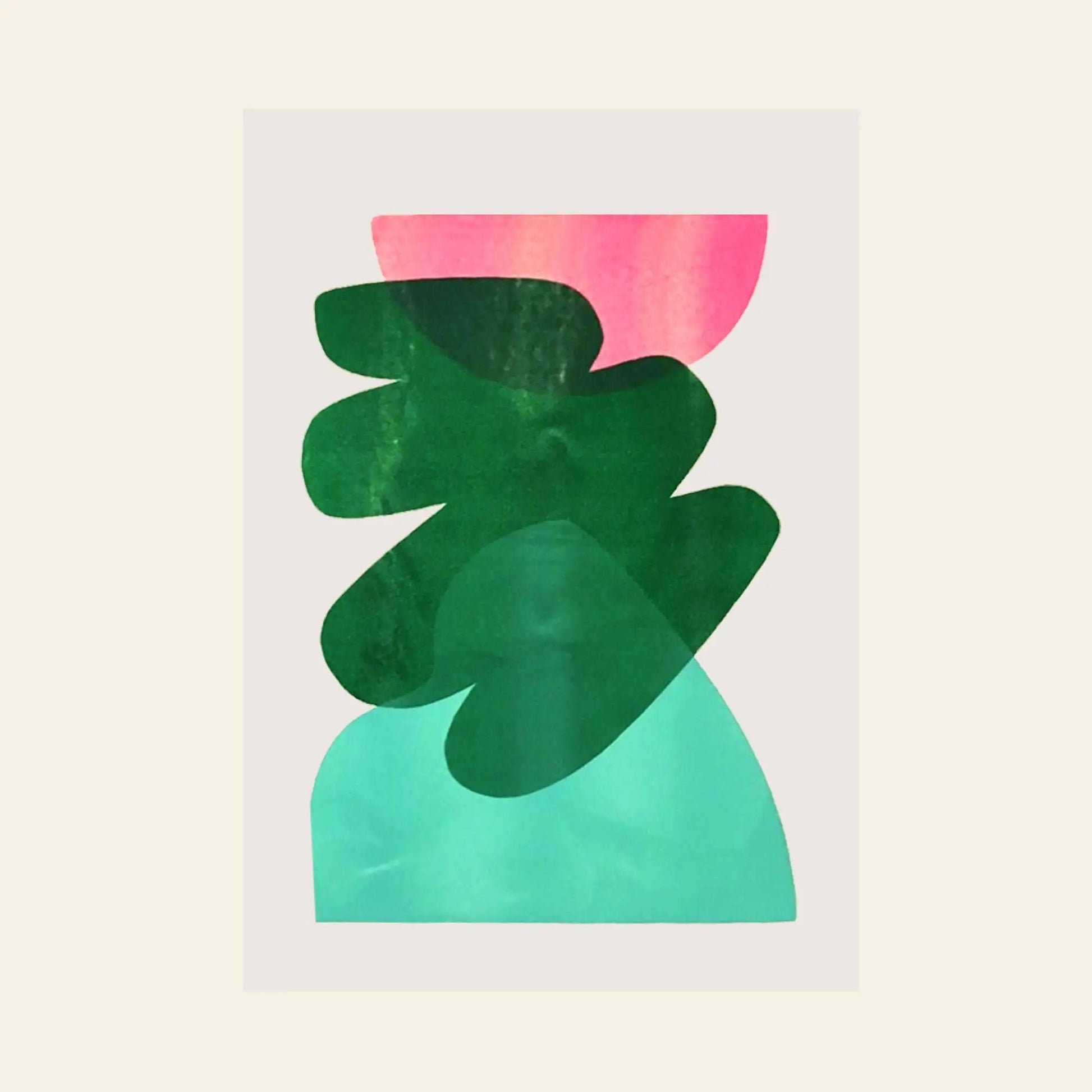 Bbblob Sundown & Horizon, 2020 (Risograph, 30x42) by Bbblob features abstract Riso-inspired layered shapes: a pink sunset semicircle, dark green organic forms, and light teal at the base on an off-white background.