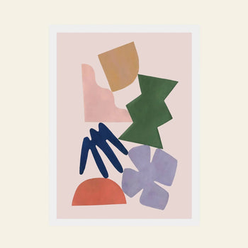 Bbblob Sway, 2020, Giclee Print (30x40) by Bbblob features irregular tan, pink, green, navy blue, red, and lavender shapes swaying softly across a light pink background with a white border—evoking peaceful collage-like art.