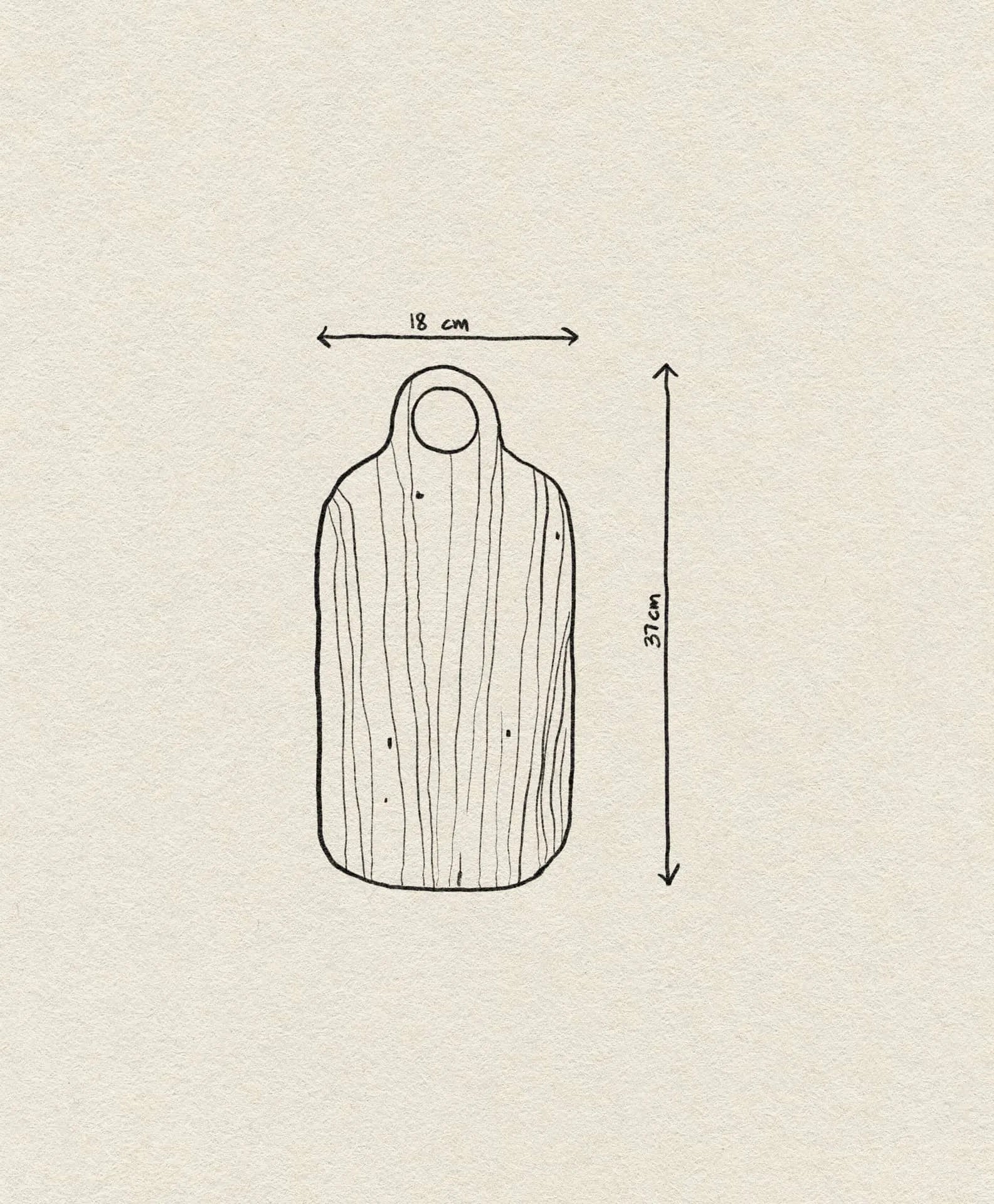 The Bloomingville Abbas Cutting Board by Bloomingville is a simple line drawing of a mahogany wood board with a handle and top hole, measuring 18 cm wide by 37 cm tall. Its illustrated wood grain texture makes it ideal for meal preparation.