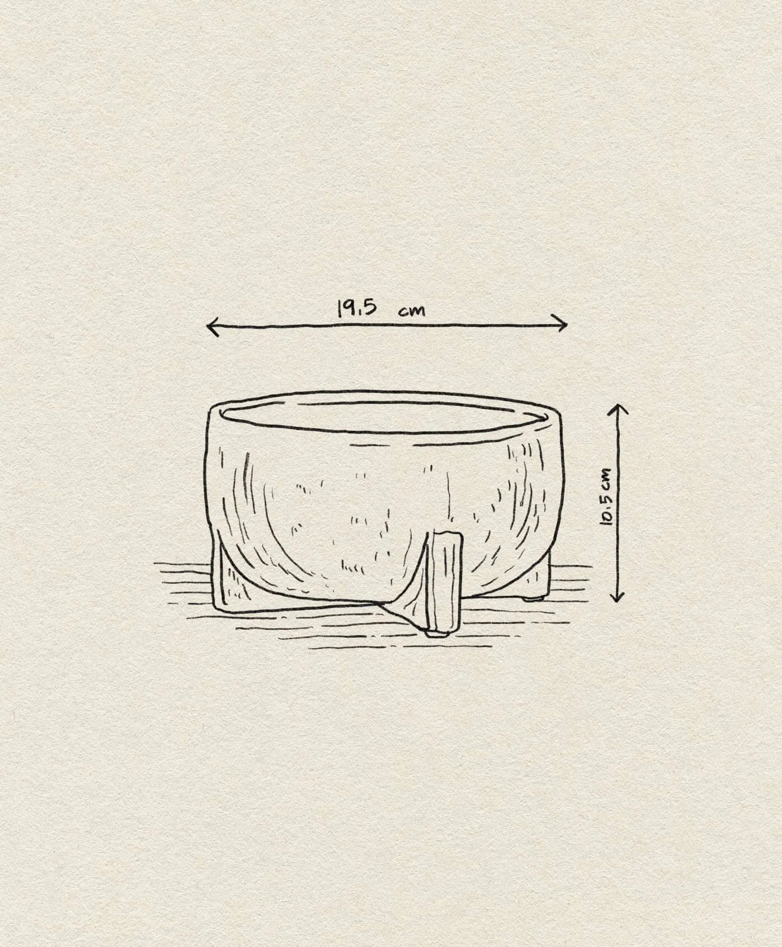 A hand-drawn illustration of the Bloomingville Beryl Flowerpot by Bloomingville, a round bowl with a stand, ideal for greenery decor. It measures 19.5 cm in diameter and 9.5 cm in height, with arrows marking dimensions above and beside the bowl.