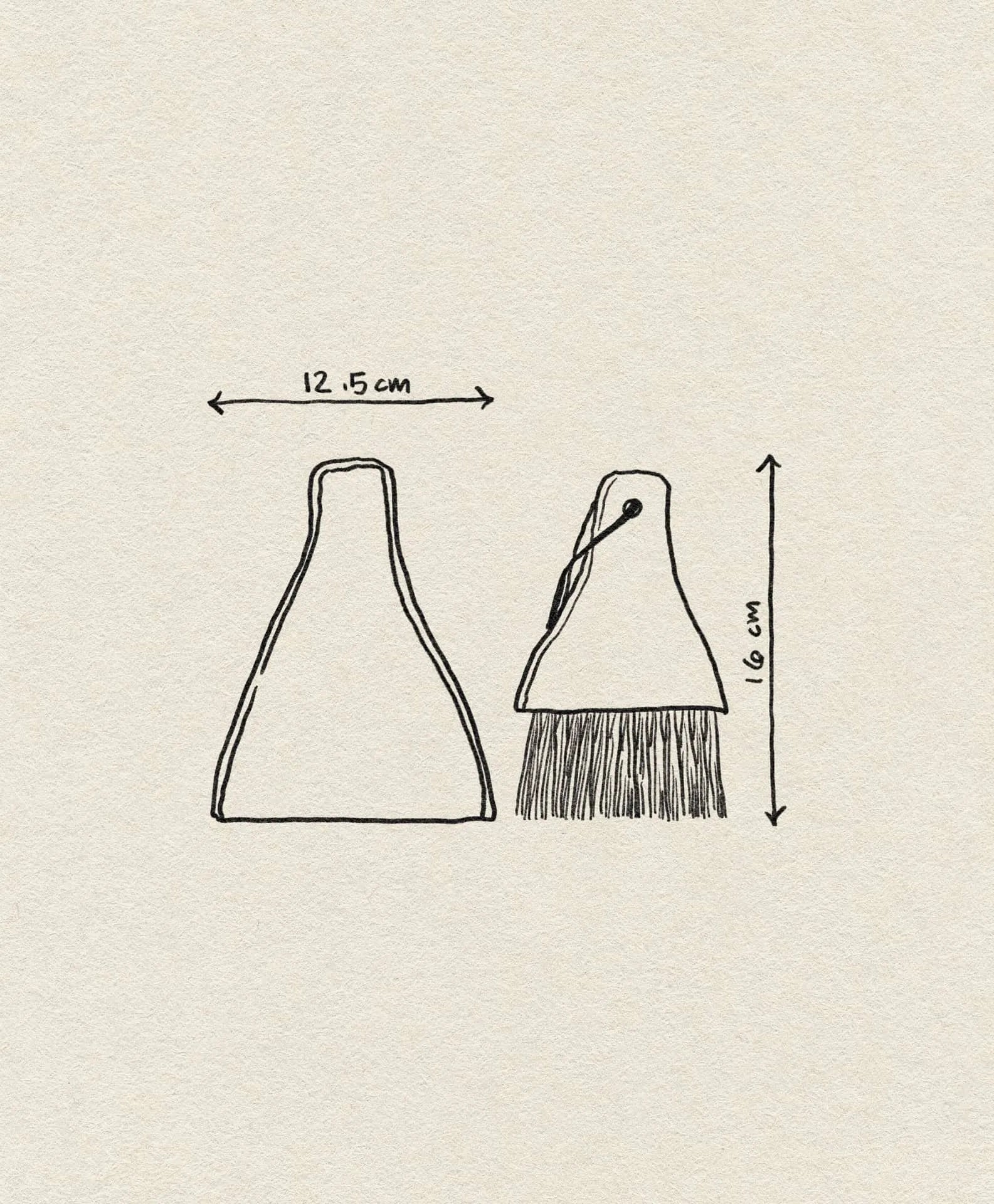 A minimalist line drawing of the Bloomingville Cleaning Dustpan & Broom by Bloomingville shows the 12.5 cm wide dustpan and 16 cm tall brush with visible bristles, viewed from front and side, with arrows marking their measurements.