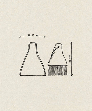 A minimalist line drawing of the Bloomingville Cleaning Dustpan & Broom by Bloomingville shows the 12.5 cm wide dustpan and 16 cm tall brush with visible bristles, viewed from front and side, with arrows marking their measurements.