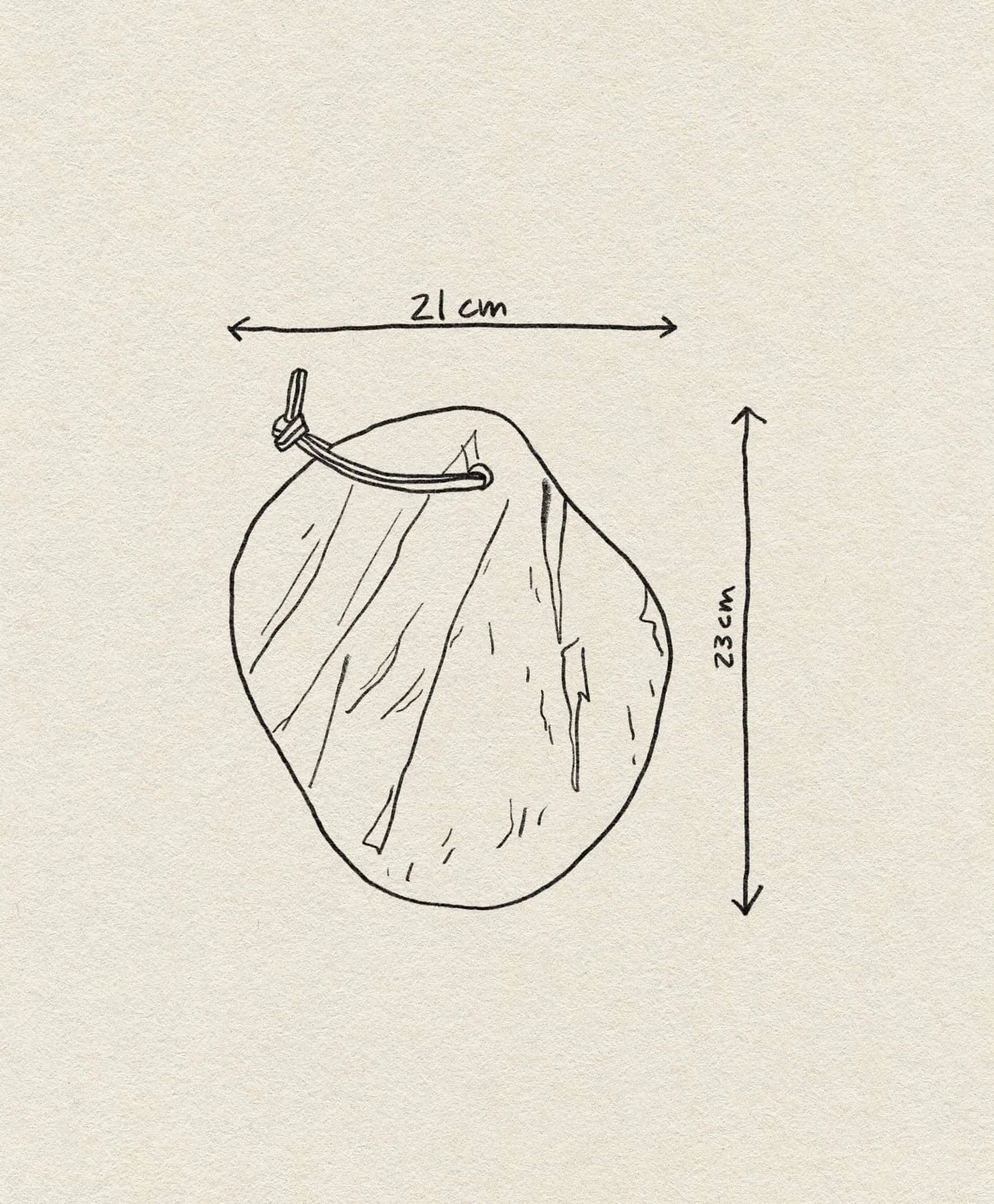 A simple line drawing of the Bloomingville Daris Cutting Board, a round board with a string loop (21 cm wide, 23 cm tall), shown with arrows and measurement labels on a textured off-white background.