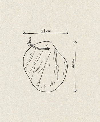 A simple line drawing of the Bloomingville Daris Cutting Board, a round board with a string loop (21 cm wide, 23 cm tall), shown with arrows and measurement labels on a textured off-white background.