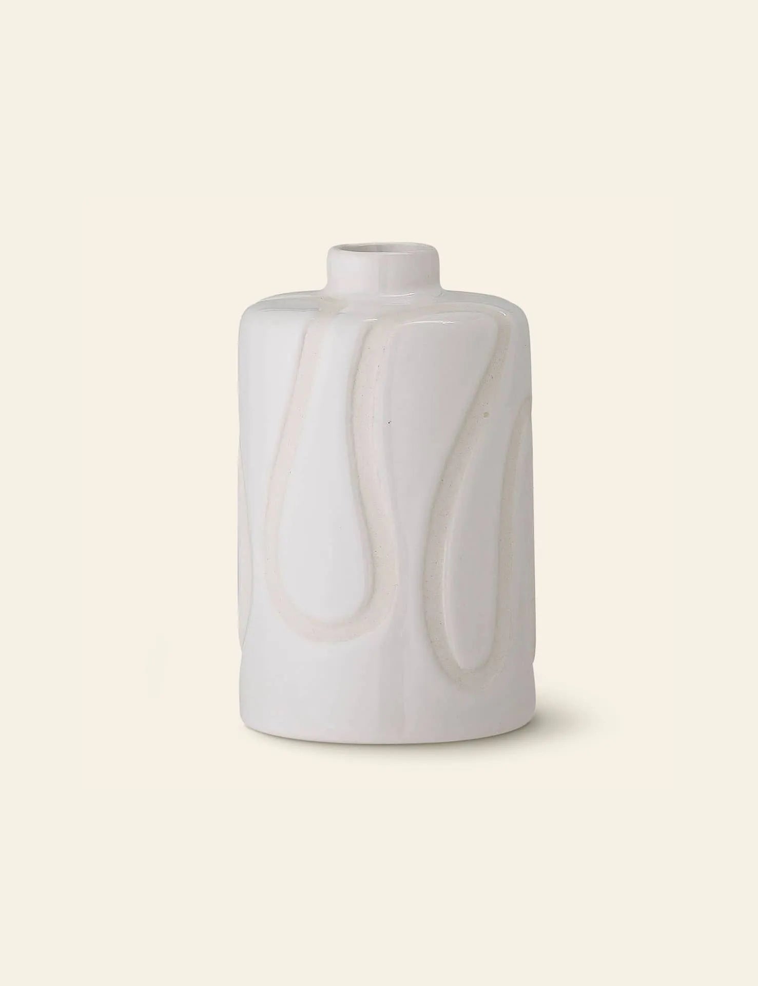 The Bloomingville Elice Vase features a small, cylindrical white embossed stoneware design with a narrow opening and raised wavy patterns—ideal for adding modern freshness to your home decor.