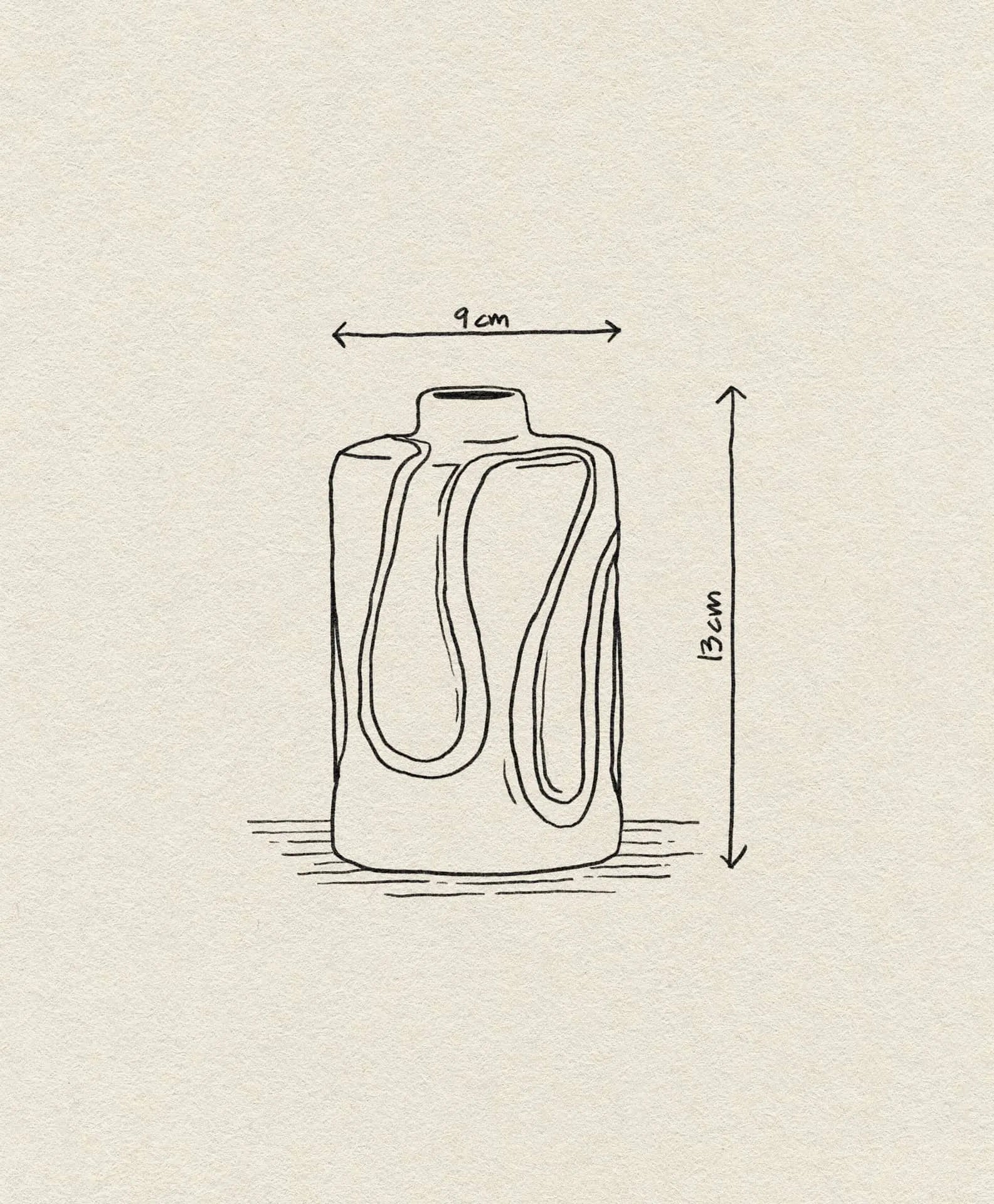 Line drawing of the Bloomingville Elice Vase by Bloomingville with wavy patterns on embossed stoneware, labeled 9 cm wide and 13 cm tall, set against a light textured background—ideal for refreshing any home.