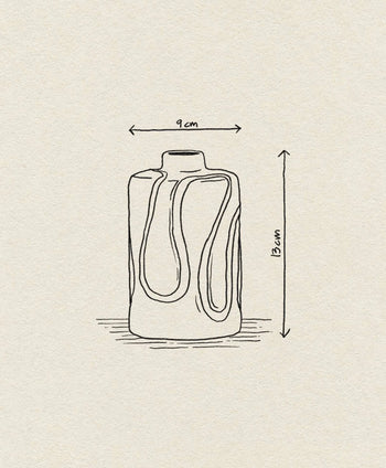 Line drawing of the Bloomingville Elice Vase by Bloomingville with wavy patterns on embossed stoneware, labeled 9 cm wide and 13 cm tall, set against a light textured background—ideal for refreshing any home.