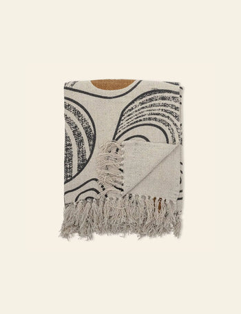 The Bloomingville Giano Throw by Bloomingville, made from recycled cotton, showcases black and brown abstract curved lines with fringed edges. Displayed on a light background, it brings stylish warmth and cosy vibes to any space.