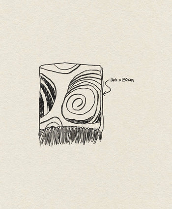 A hand-drawn sketch of the Bloomingville Giano Throw, a folded Bloomingville blanket with abstract swirls and fringed edges. Made from recycled cotton, it measures 160 x 130 cm and exudes cosy vibes.