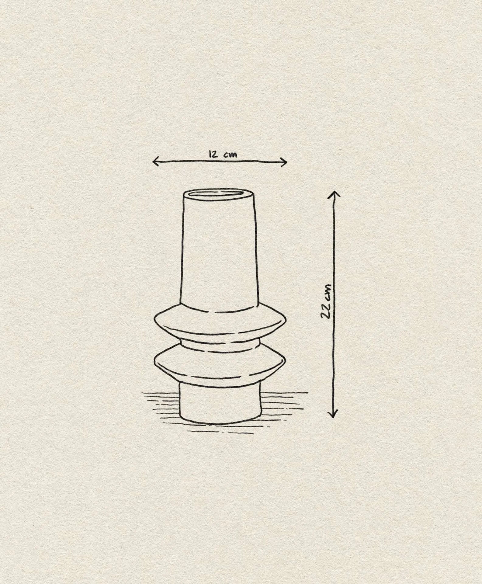 A line drawing of the Bloomingville Isold Vase by Bloomingville, with geometric shapes and measurements—12 cm wide, 22 cm tall—displayed on a textured beige background for a rustic look.