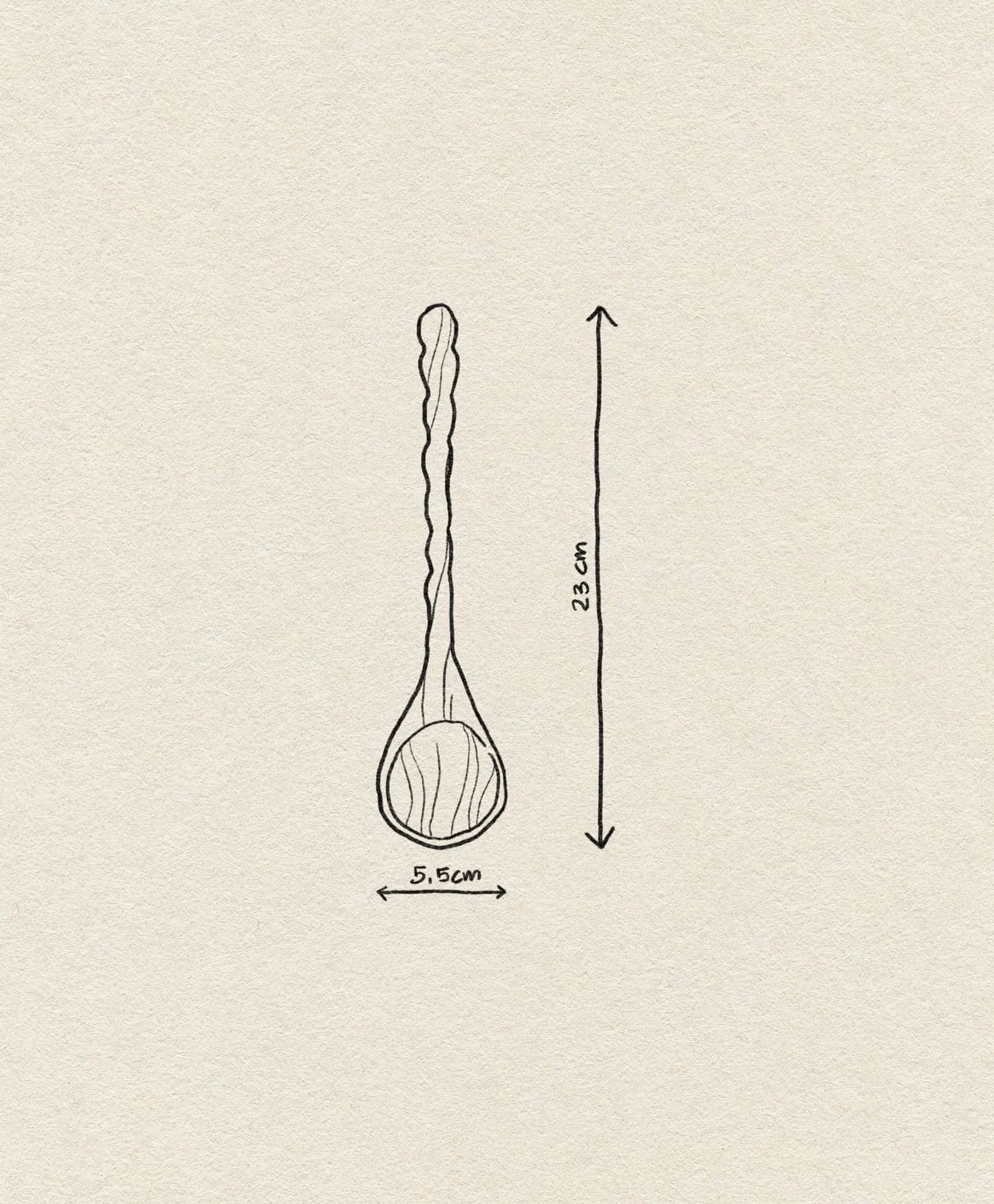 The Bloomingville Ivy Spoon by Bloomingville features a simple line drawing of its twisted handle, measuring 23 cm long and 5.5 cm wide at the bowl, displayed on textured paper—an elegant kitchen accessory.