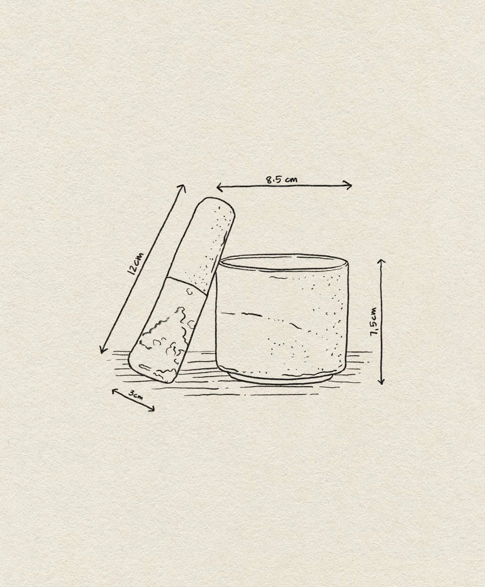 Line drawing of the Bloomingville Kendra Mortar & Pestle: pestle measures 12cm long and 3cm wide at base; mortar is 8.5cm in diameter and 7.5cm tall—perfect for grinding herbs or spices. Arrows show dimensions. Brand: Bloomingville.