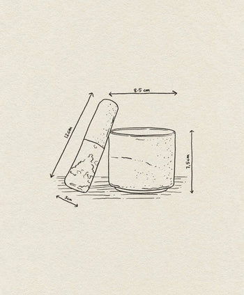 Line drawing of the Bloomingville Kendra Mortar & Pestle: pestle measures 12cm long and 3cm wide at base; mortar is 8.5cm in diameter and 7.5cm tall—perfect for grinding herbs or spices. Arrows show dimensions. Brand: Bloomingville.