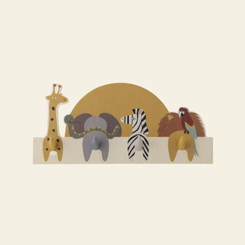 The Bloomingville Mallen Coat Rack by Bloomingville features painted animal motifs—giraffe, elephant, zebra, and lion—standing before a yellow half-circle sun.