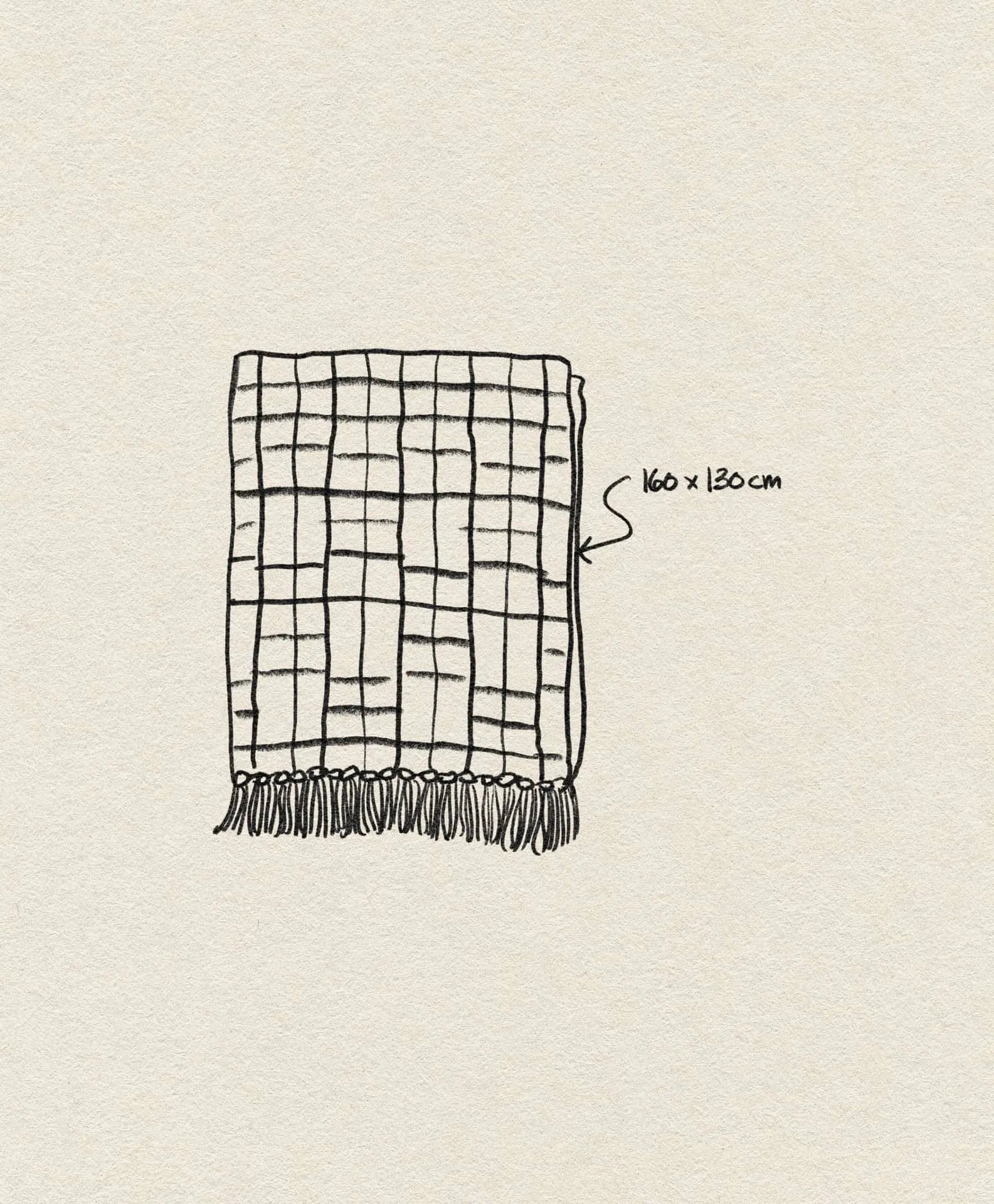 A hand-drawn illustration shows the Bloomingville Mody Throw, a checkered blanket in natural tones with tassels. An arrow points to the blanket, labeled 160 x 130 cm to indicate its dimensions. Brand: Bloomingville.