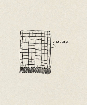 A hand-drawn illustration shows the Bloomingville Mody Throw, a checkered blanket in natural tones with tassels. An arrow points to the blanket, labeled 160 x 130 cm to indicate its dimensions. Brand: Bloomingville.