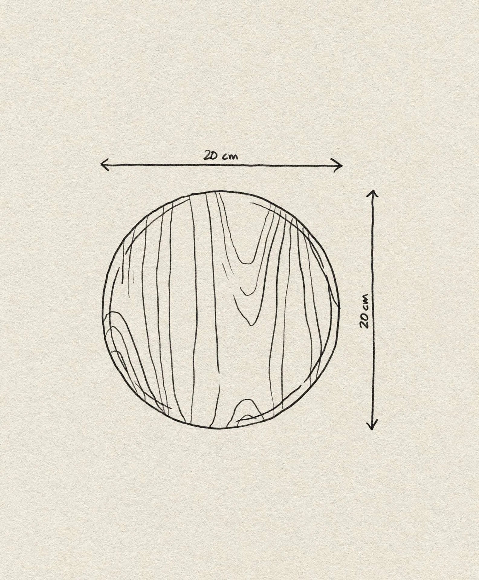 Hand-drawn illustration of the Bloomingville Nolia Plate, 20cm, by Bloomingville. Features rustic rubberwood with visible grain. Arrows and labels show 20 cm diameter above and to the right.