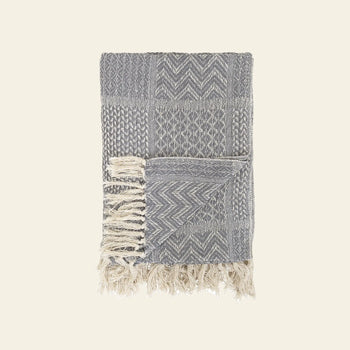 The Bloomingville Rodion Throw by Bloomingville features gray and cream chevron and geometric patterns with fringe on both ends, adding comfort and style to your decor. Shown folded on a plain light background.