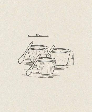 A minimal line drawing shows three small bowls with spoons, referencing the Bloomingville Rosamynthe Salt Jar w/Spoon. The front bowl has a woodgrain texture, and arrows note 7.5 cm width and 5 cm height on an off-white background.