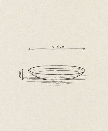 A simple sketch of the Bloomingville Taupe Plate by Bloomingville, showing dimensions—21.5 cm diameter and 2.5 cm height—with arrows and labels on a beige textured background.